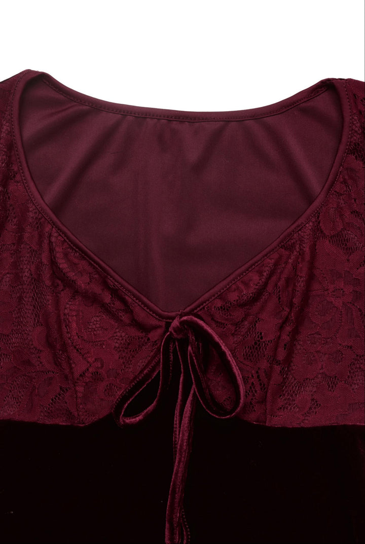 Sweetheart Tie Front Lace Sleeve A-Line Velvet Dress