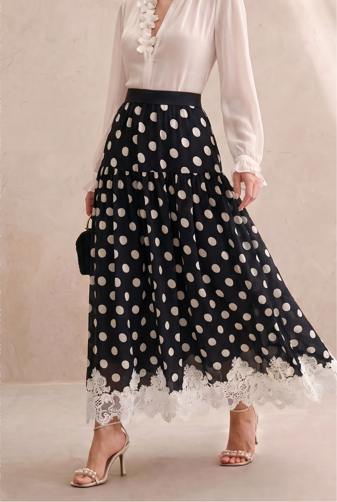 High Waist Polka Dot Flared Midi Skirt with Lace Hem