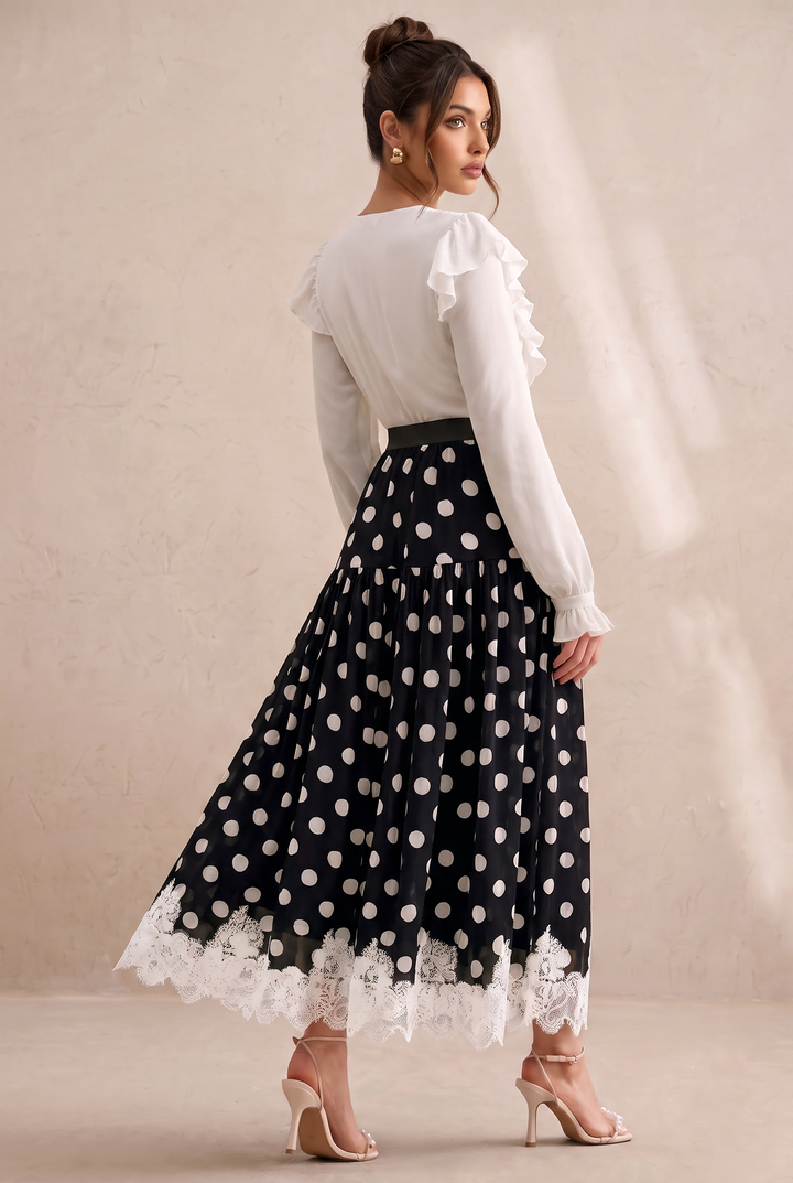 High Waist Polka Dot Flared Midi Skirt with Lace Hem