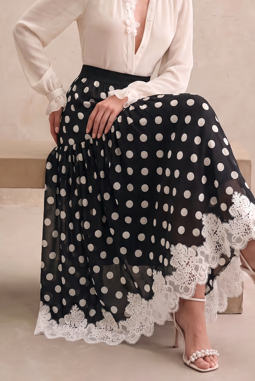 High Waist Polka Dot Flared Midi Skirt with Lace Hem