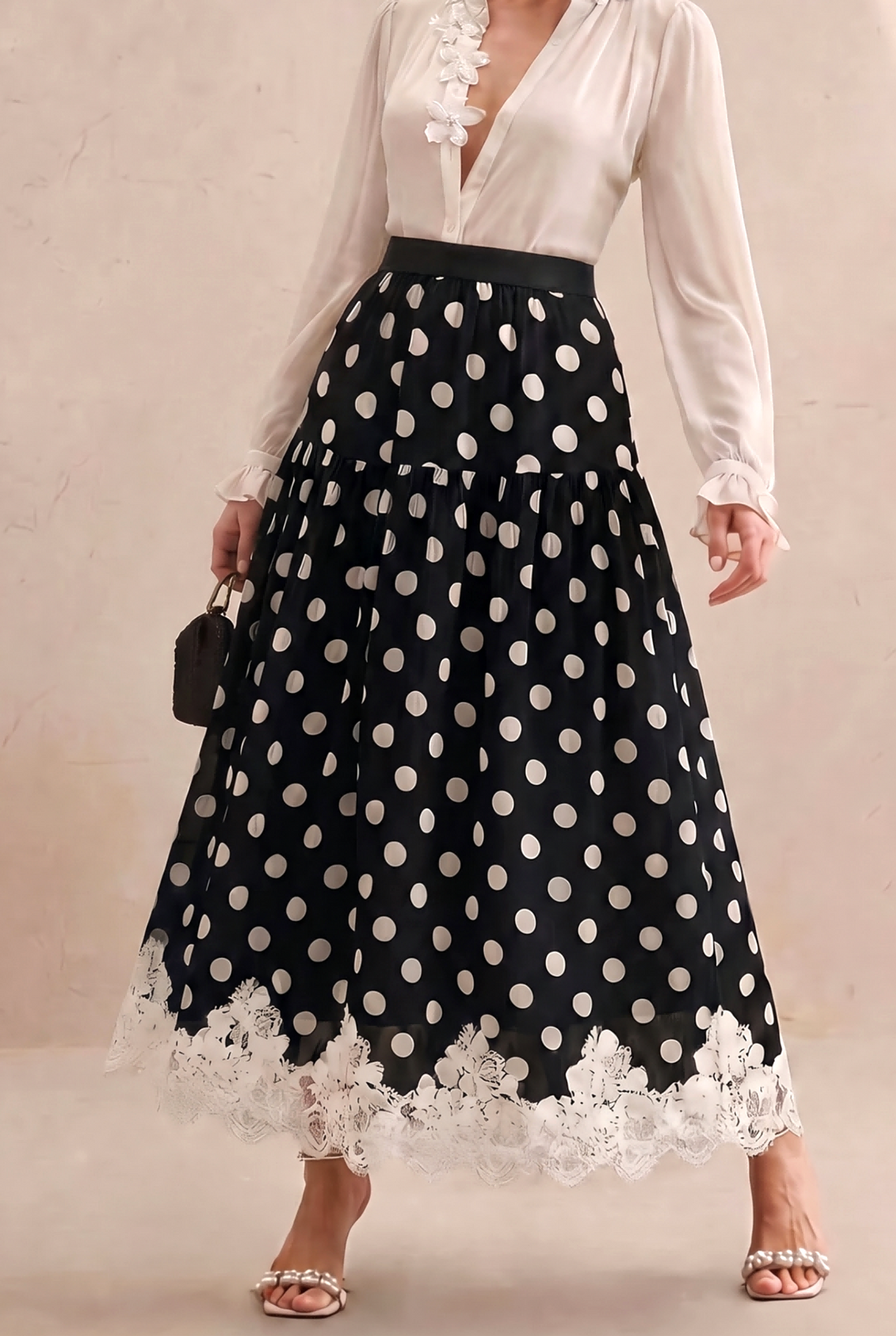 High Waist Polka Dot Flared Midi Skirt with Lace Hem