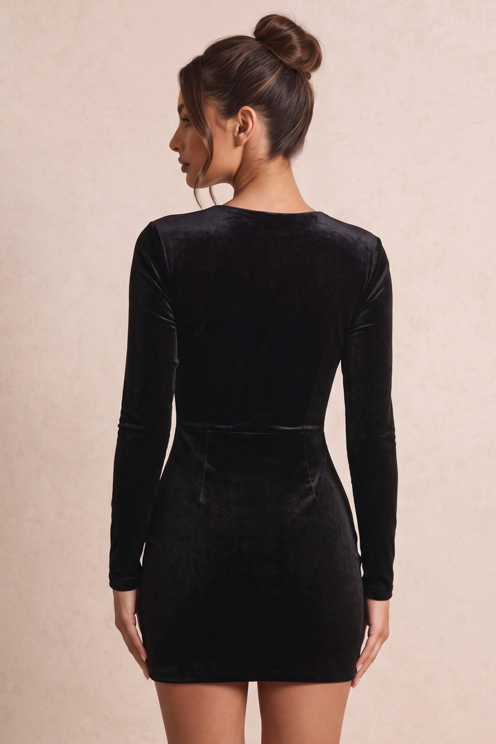 Plunge Velvet Long Sleeve Mini Dress