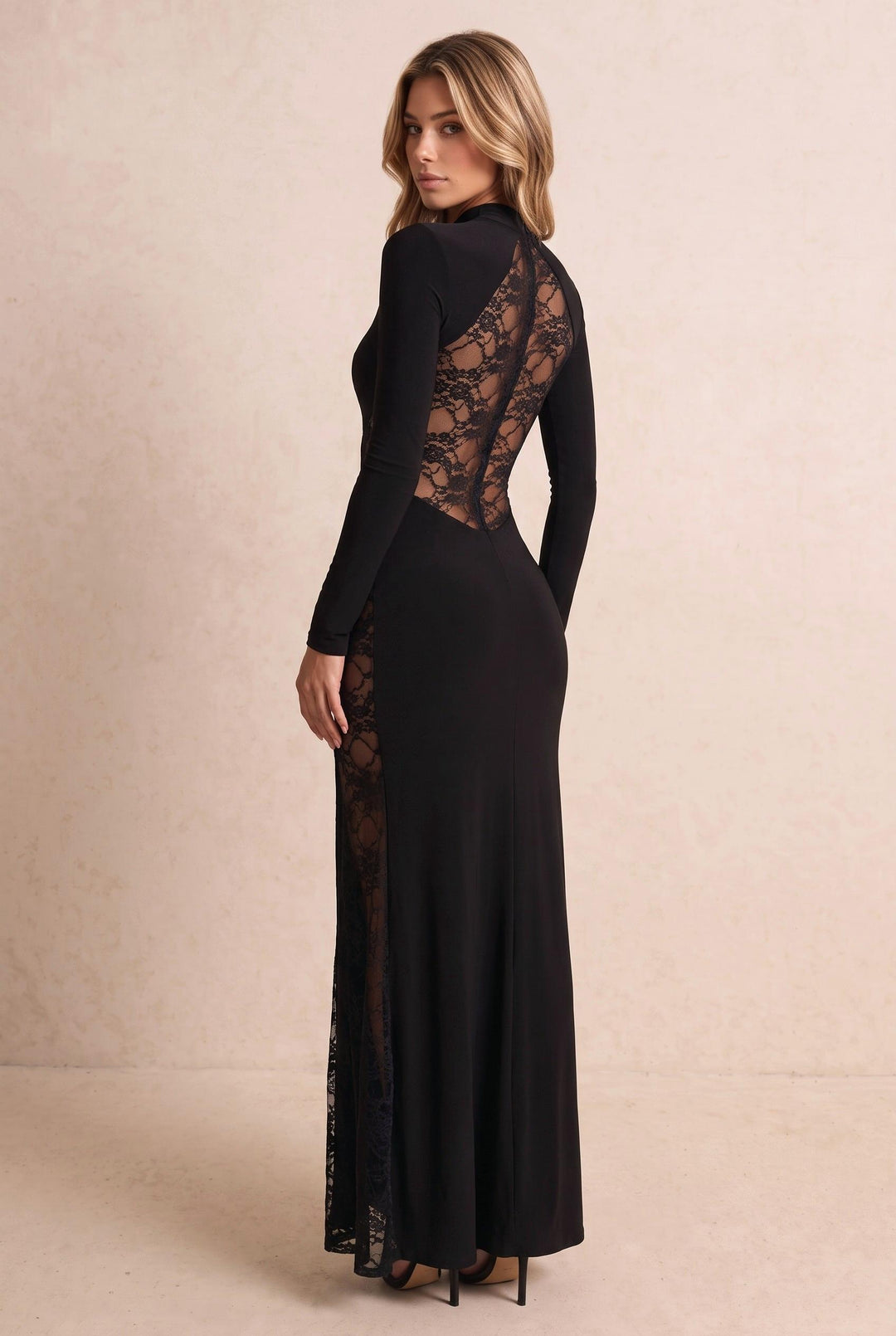 Mock Neck Lace Panel Bodycon Maxi Dress