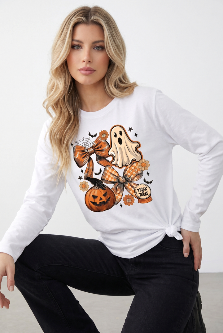 Halloween Ghost Pumpkin Graphic Crew Neck Long Sleeve T-Shirt