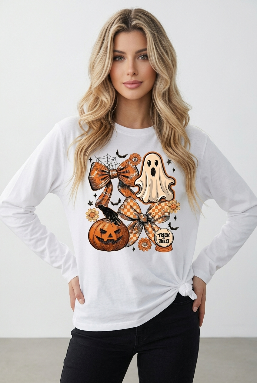Halloween Ghost Pumpkin Graphic Crew Neck Long Sleeve T-Shirt