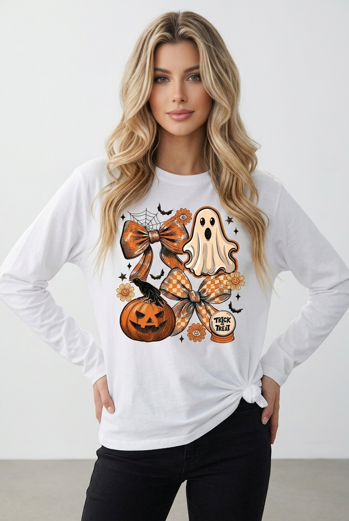 Halloween Ghost Pumpkin Graphic Crew Neck Long Sleeve T-Shirt