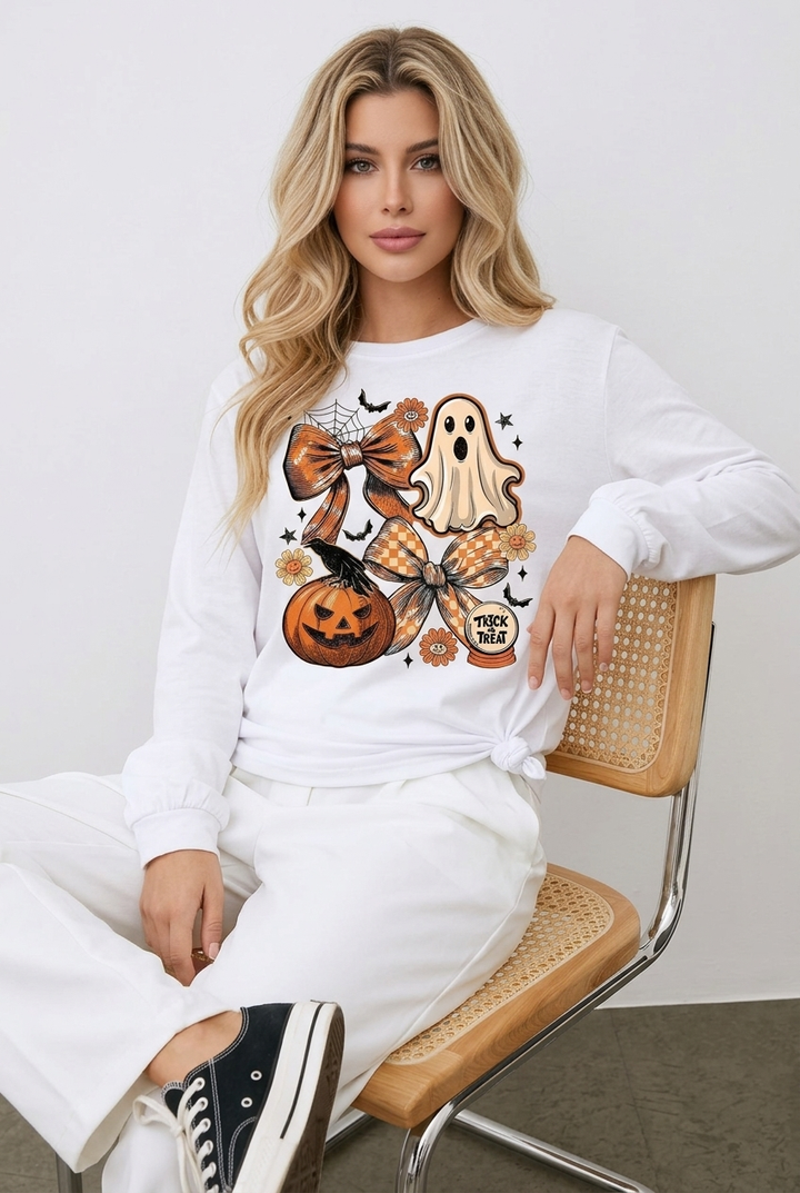 Halloween Ghost Pumpkin Graphic Crew Neck Long Sleeve T-Shirt
