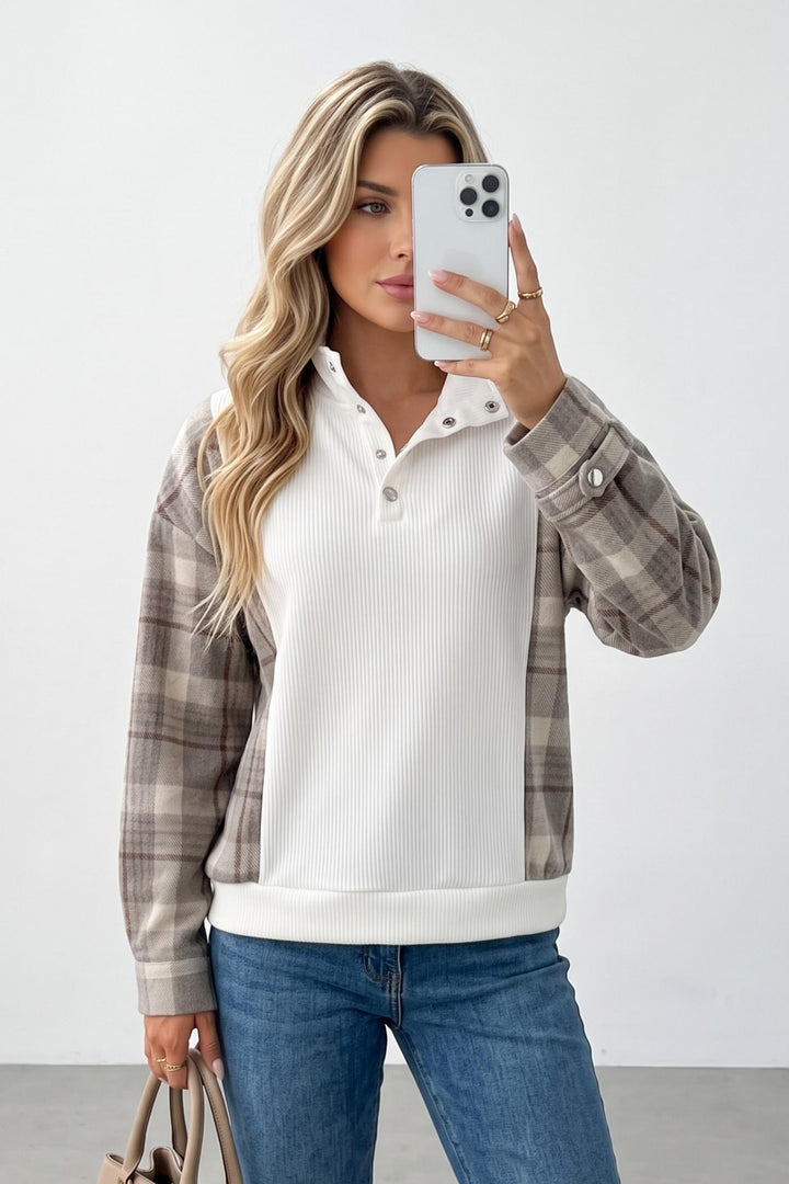 Patchwork Plaid Lapel Lantern Pullover Sweatshirts