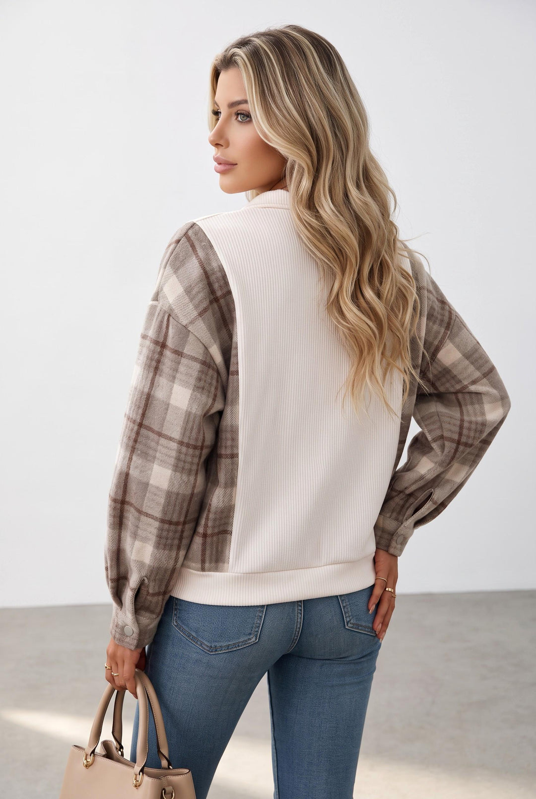Patchwork Plaid Lapel Lantern Pullover Sweatshirts