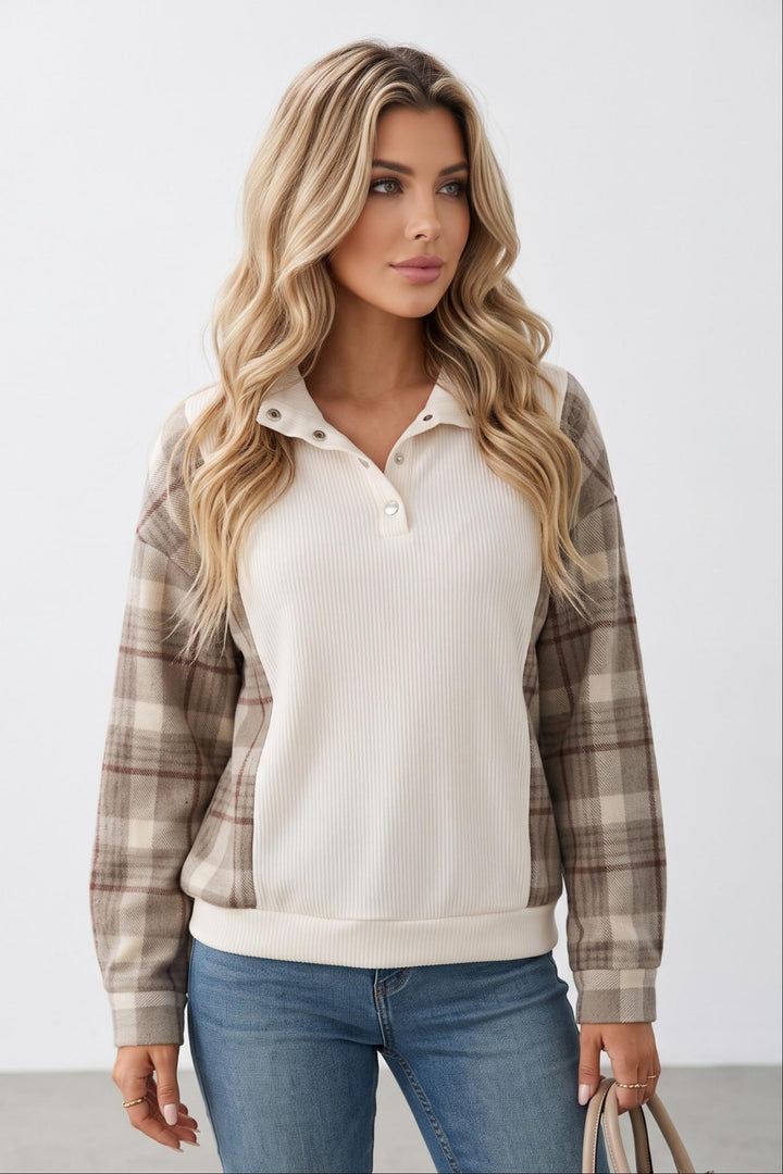 Patchwork Plaid Lapel Lantern Pullover Sweatshirts