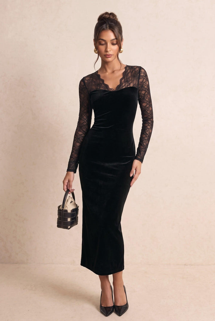 Lace Sleeve Velvet V-Neck Midi Dress