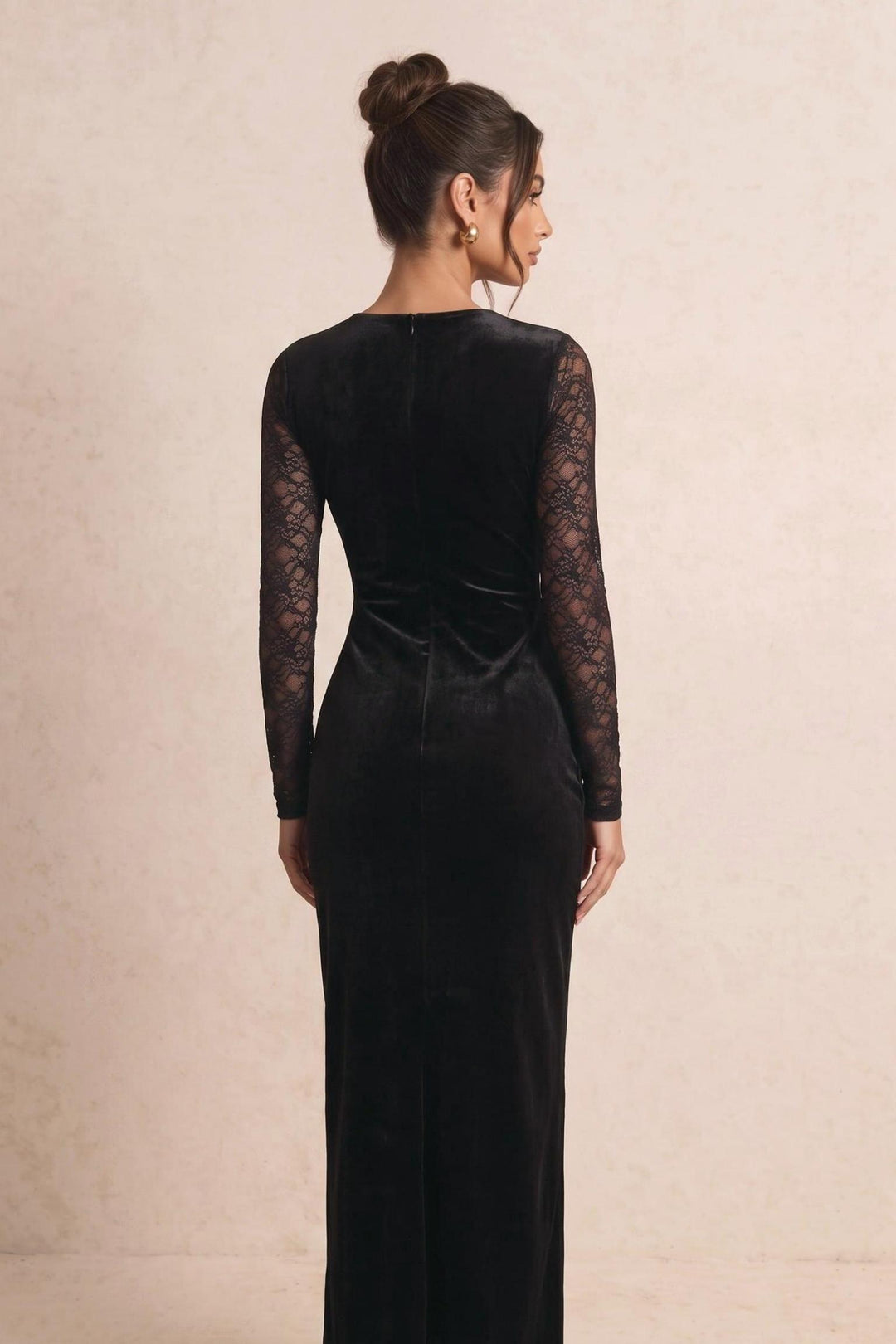 Lace Sleeve Velvet V-Neck Midi Dress