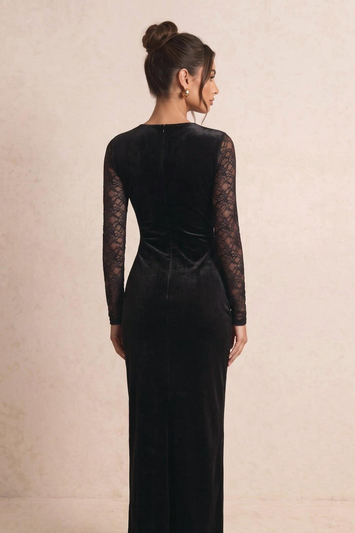 Lace Sleeve Velvet V-Neck Midi Dress