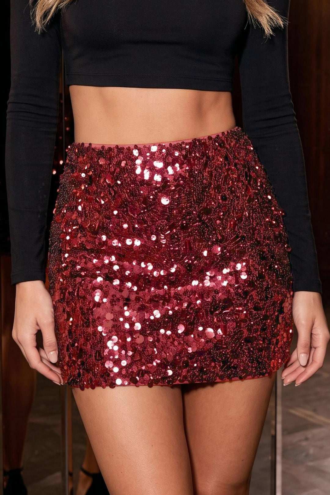 Burgundy Disc Sequin Mini Skirt