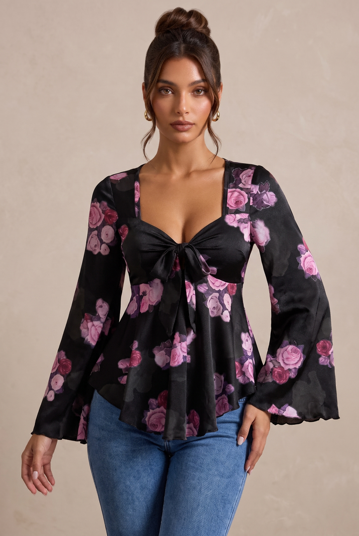 Romantic Floral Print Flare Sleeve Tie Front Mesh Shirt