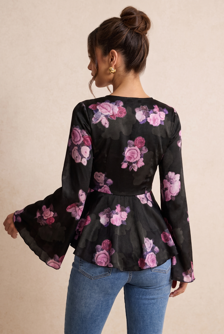 Romantic Floral Print Flare Sleeve Tie Front Mesh Shirt