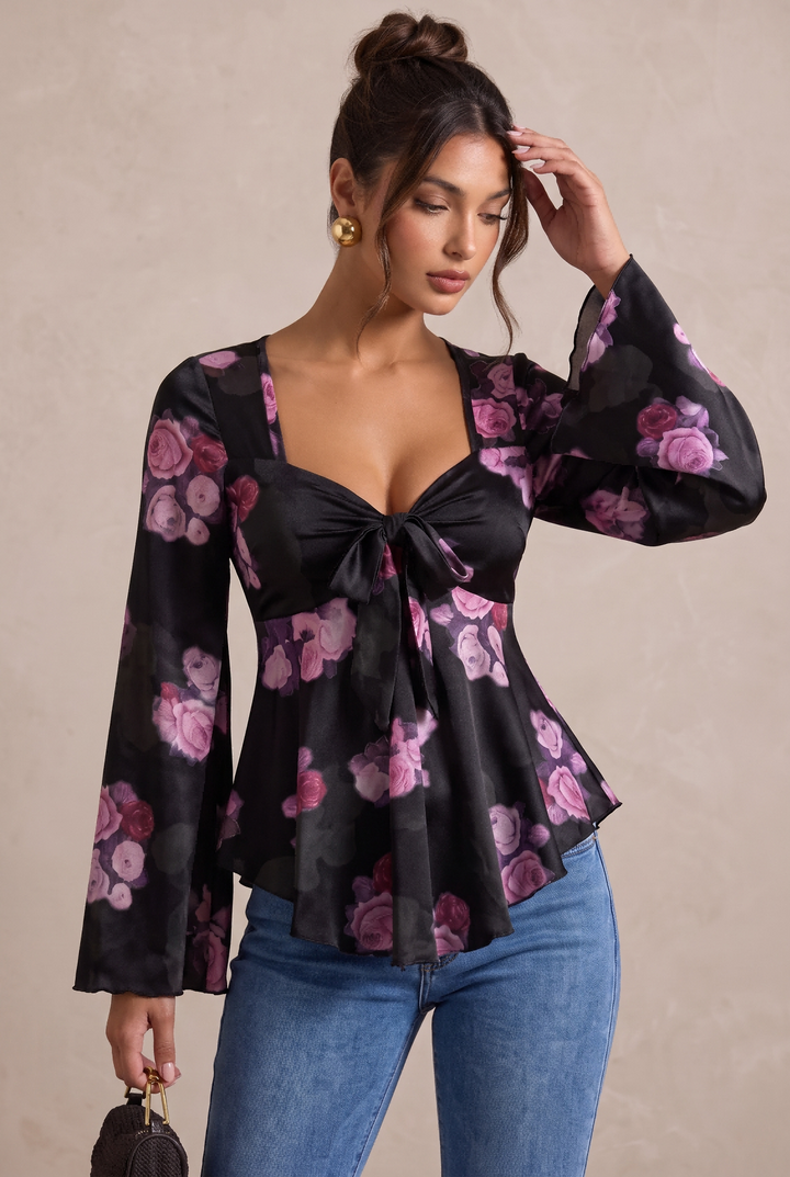 Romantic Floral Print Flare Sleeve Tie Front Mesh Shirt