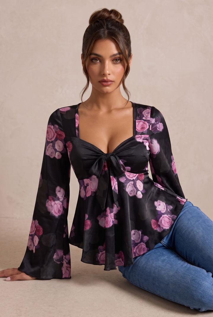 Romantic Floral Print Flare Sleeve Tie Front Mesh Shirt