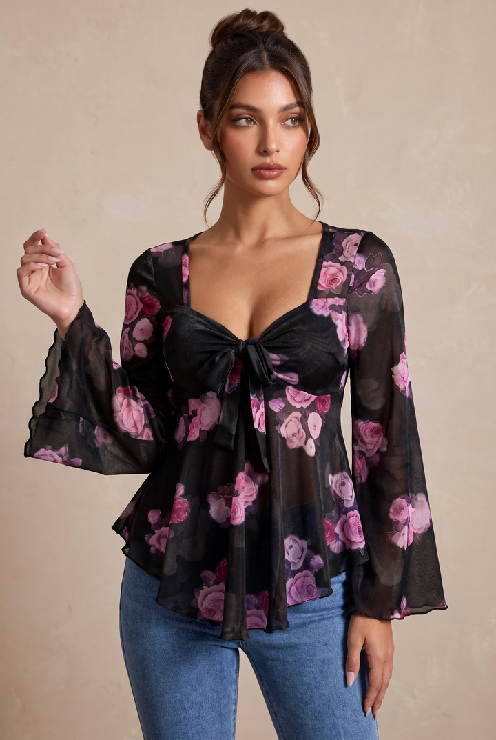 Romantic Floral Print Flare Sleeve Tie Front Mesh Shirt