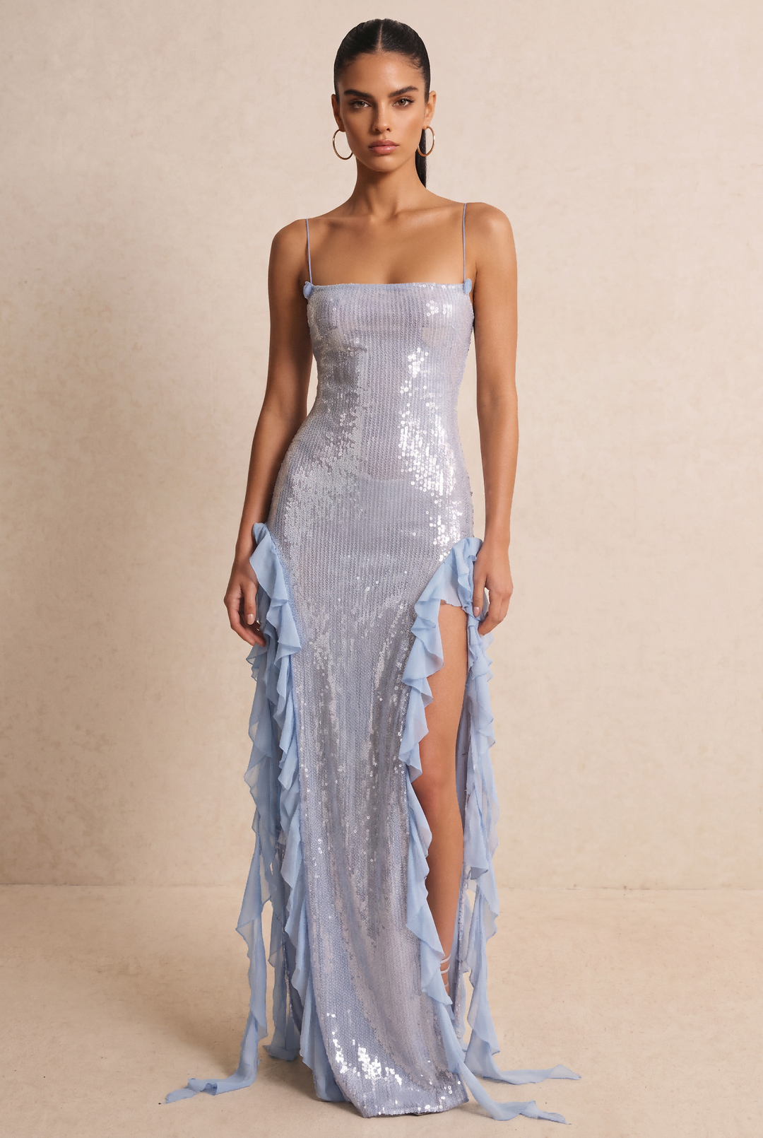 Light Blue Sequin Ruffle Slit Spaghetti Strap Maxi Dress