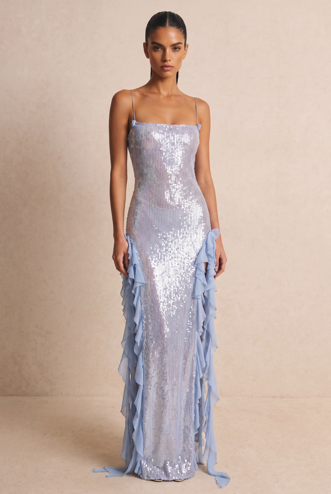 Light Blue Sequin Ruffle Slit Spaghetti Strap Maxi Dress