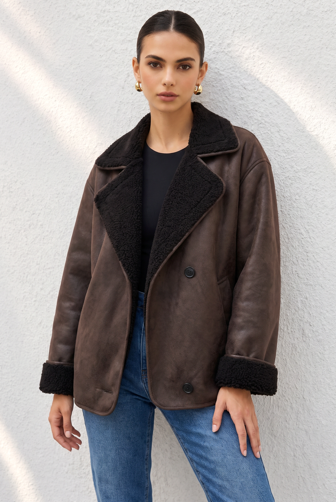 Shearling Lined Double Breasted Faux Leather Jacket
