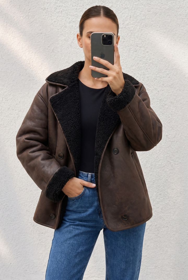 Shearling Lined Double Breasted Faux Leather Jacket