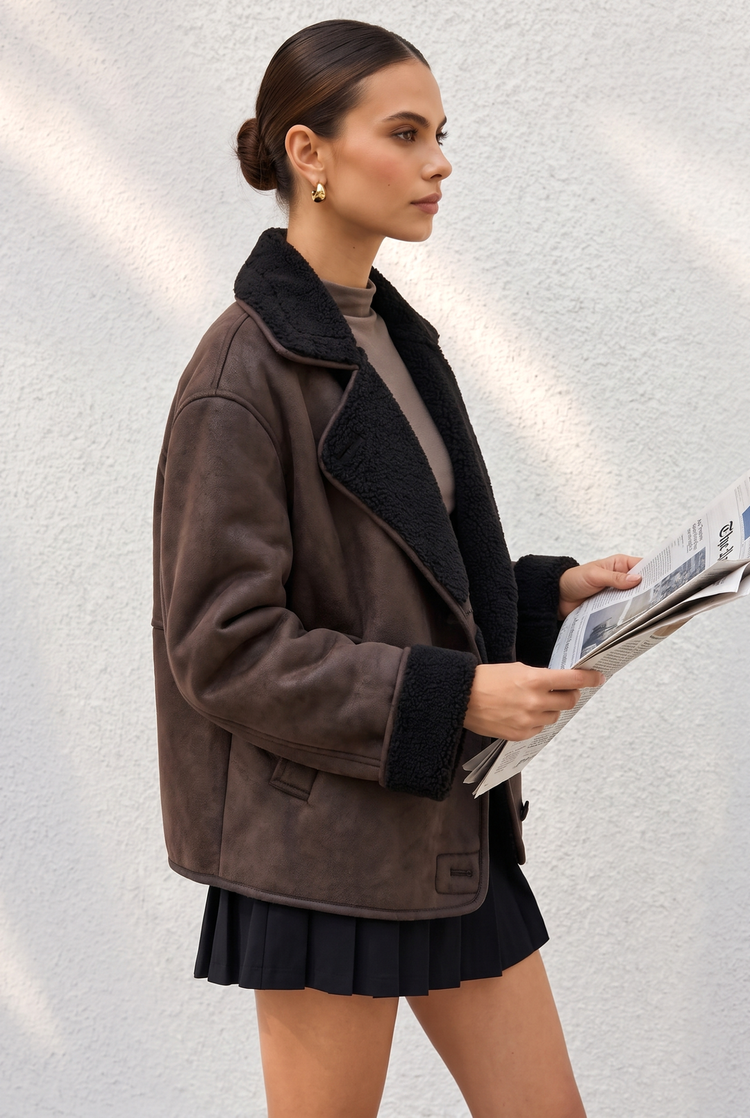 Shearling Lined Double Breasted Faux Leather Jacket