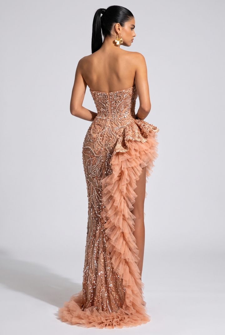 Strapless Beaded High Slit Maxi Evening Dress