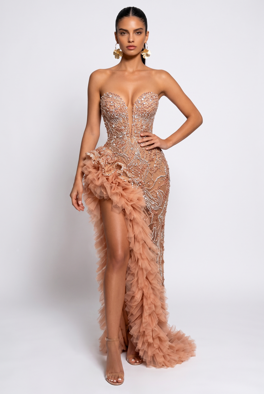 Strapless Beaded High Slit Maxi Evening Dress
