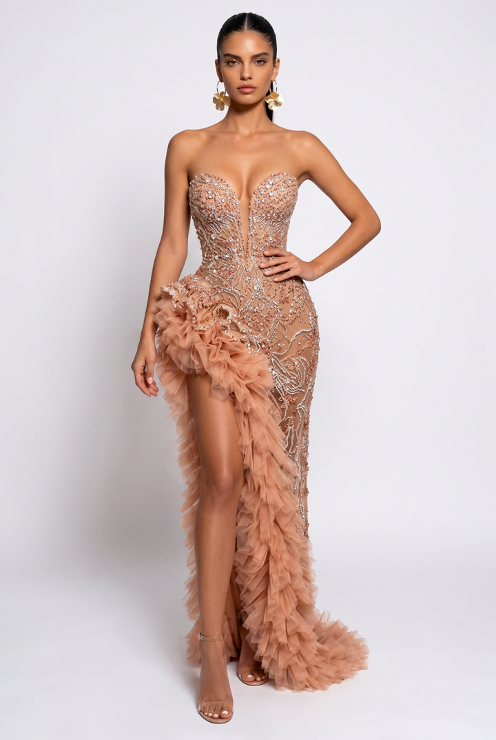 Strapless Beaded High Slit Maxi Evening Dress
