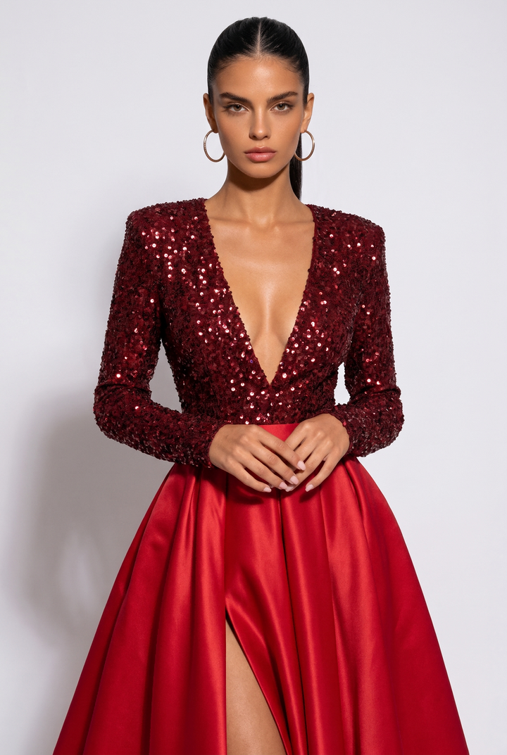 SOLACESequin Bodice Satin Split Long Sleeve Evening Dress