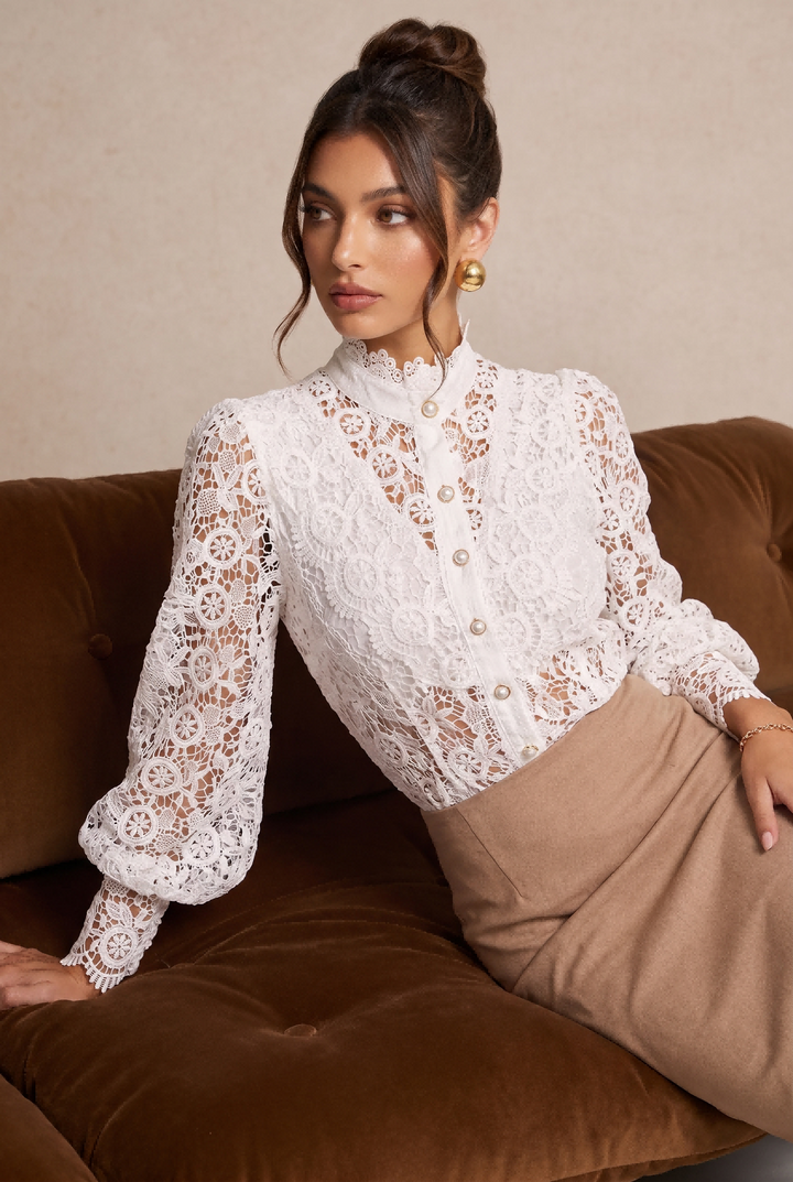 Vintage Hollow Lace Pearl Button Long Sleeve Top