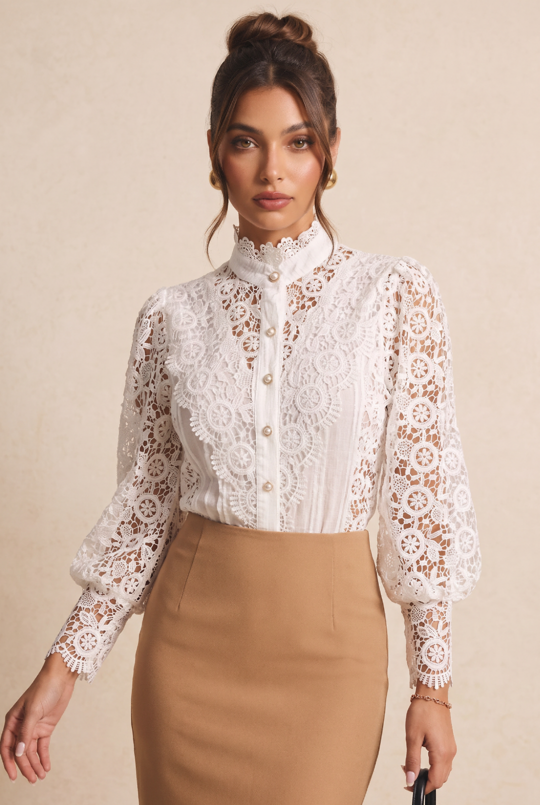 Vintage Hollow Lace Pearl Button Long Sleeve Top
