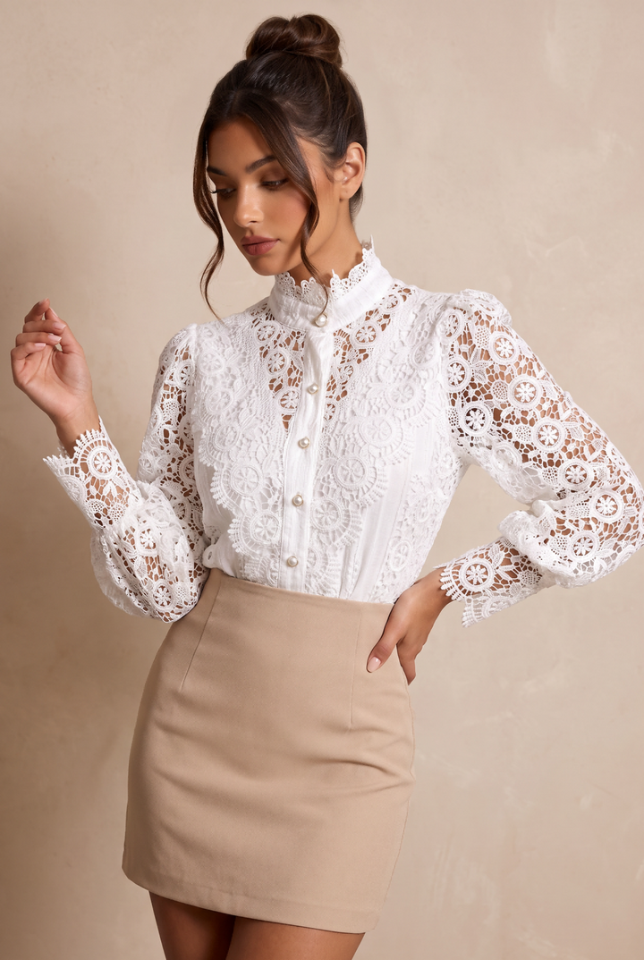 Vintage Hollow Lace Pearl Button Long Sleeve Top