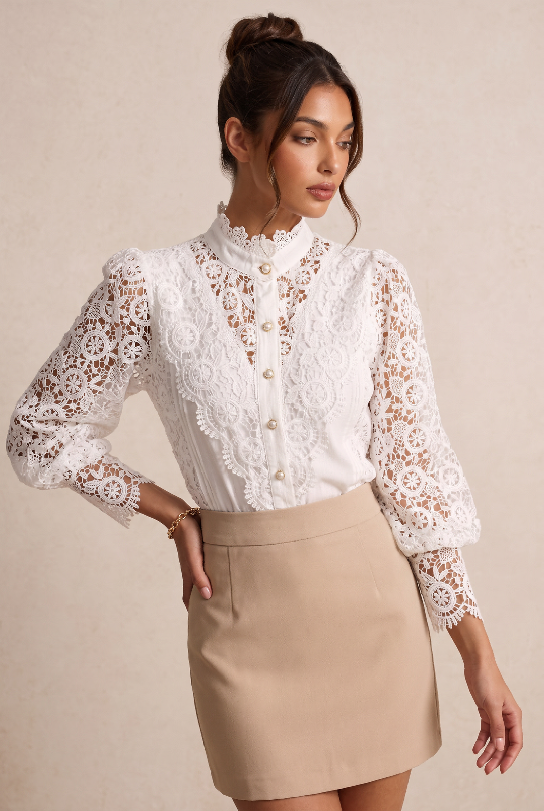 Vintage Hollow Lace Pearl Button Long Sleeve Top