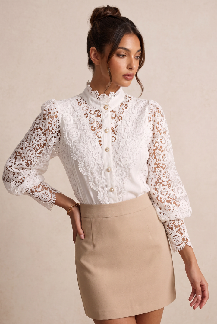 Vintage Hollow Lace Pearl Button Long Sleeve Top