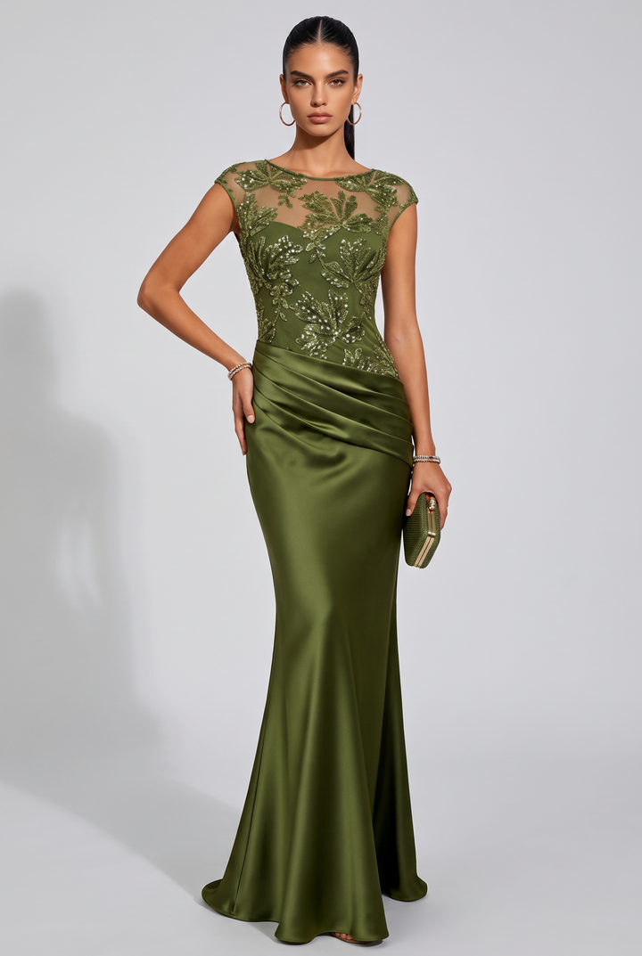 Floral Embroidered Satin Mermaid Evening Dress