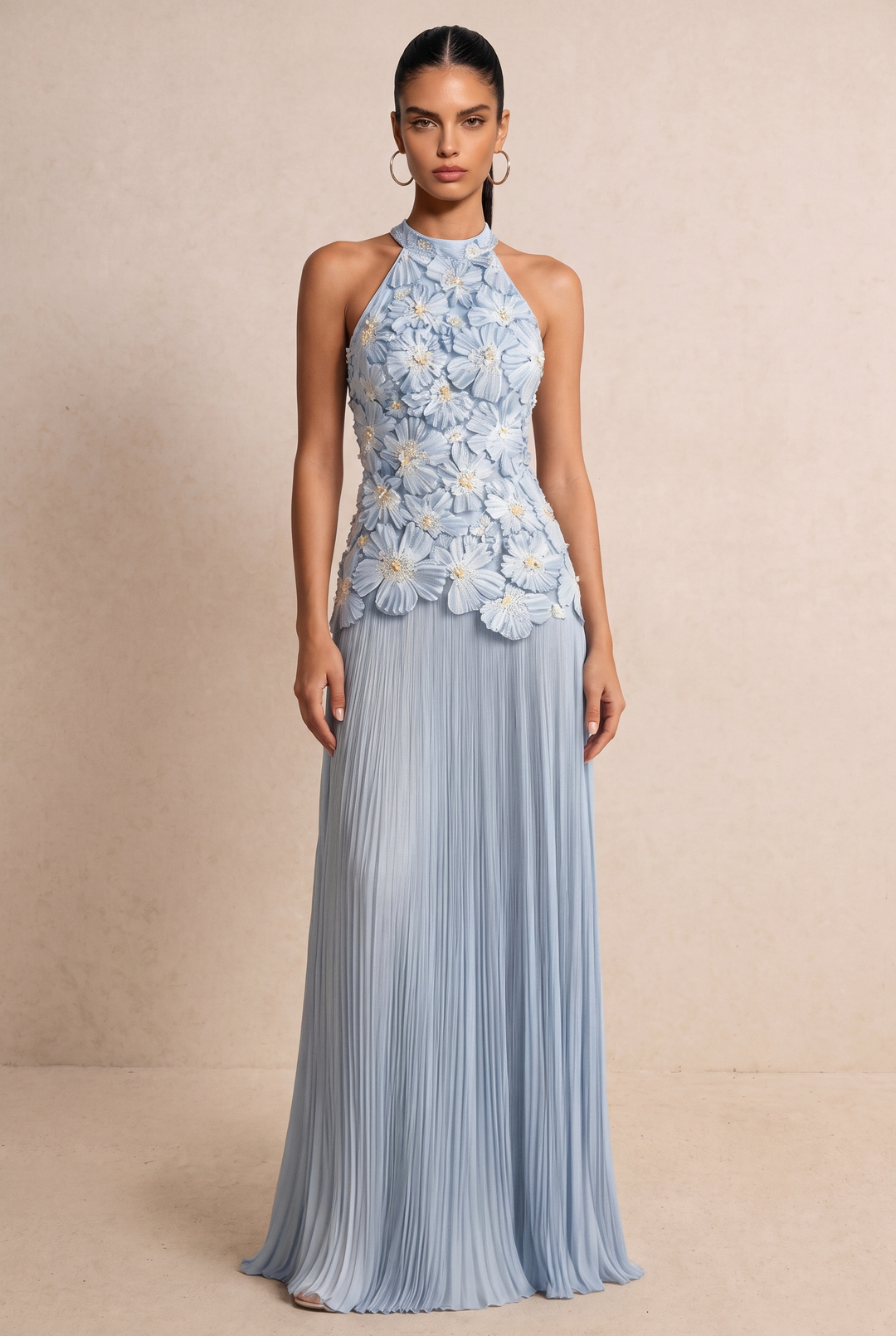 3D Floral Pleated Maxi Evening Dress