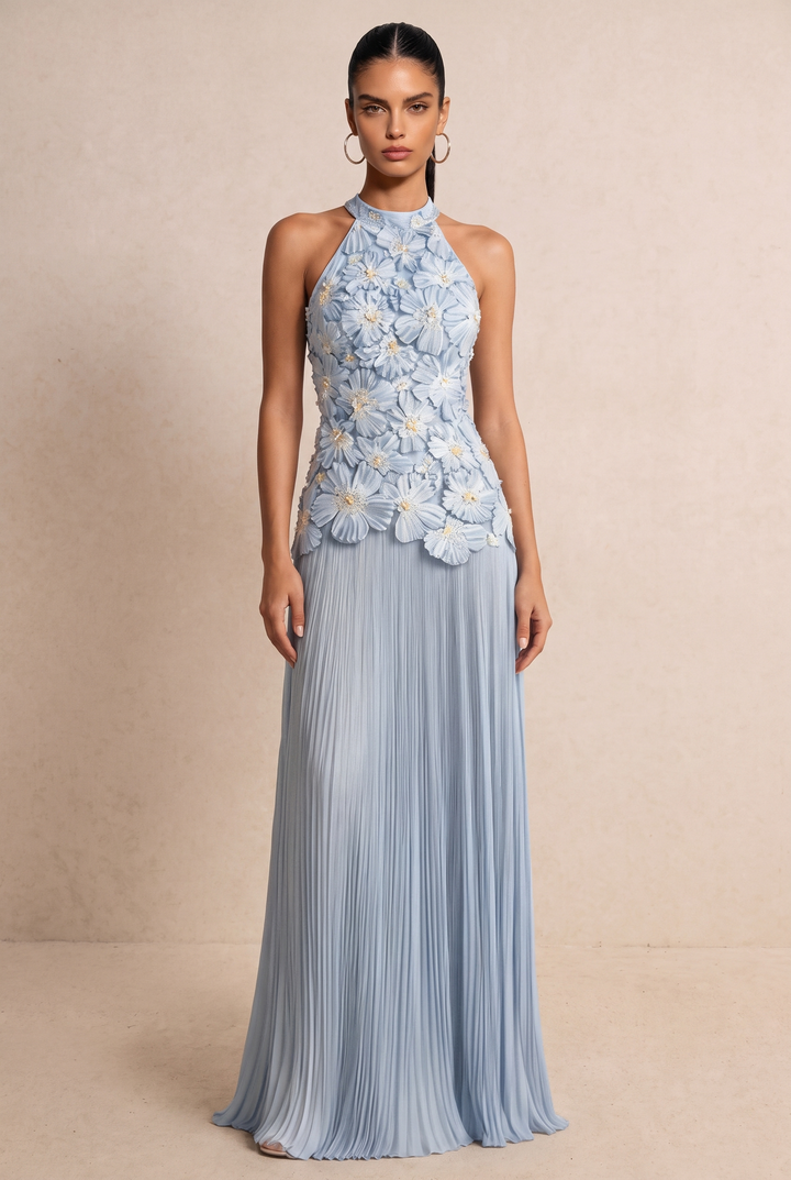 3D Floral Pleated Maxi Evening Dress