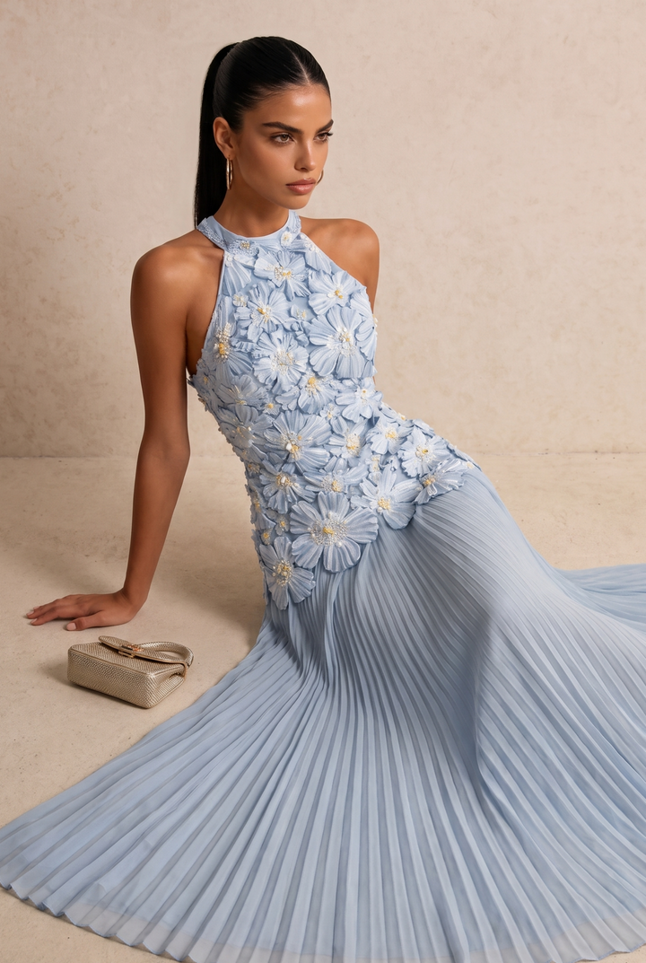 3D Floral Pleated Maxi Evening Dress