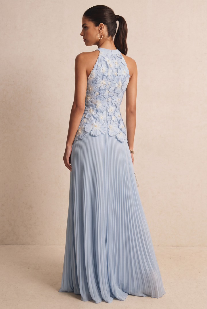 3D Floral Pleated Maxi Evening Dress