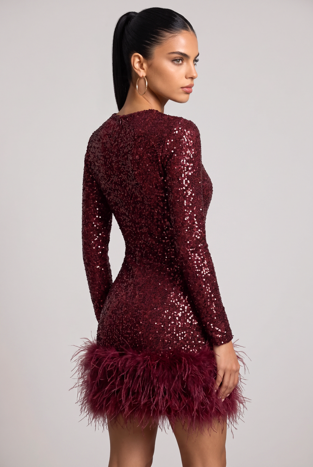 SOLACESequin Feather Trim Long Sleeve Bodycon Mini Dress