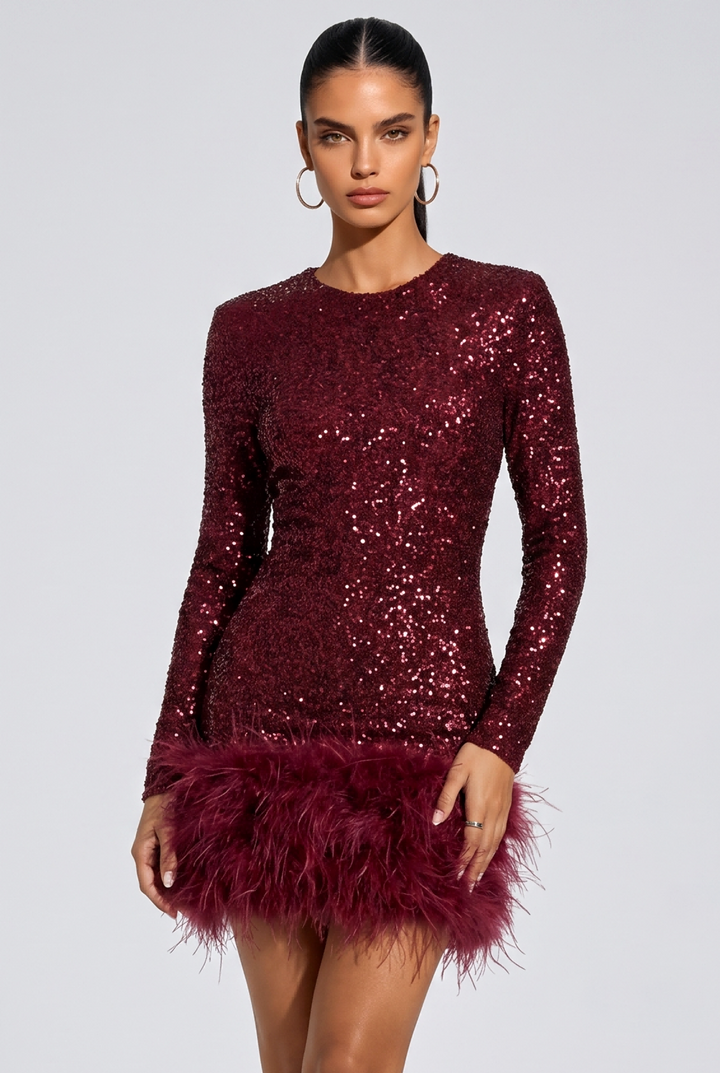 SOLACESequin Feather Trim Long Sleeve Bodycon Mini Dress