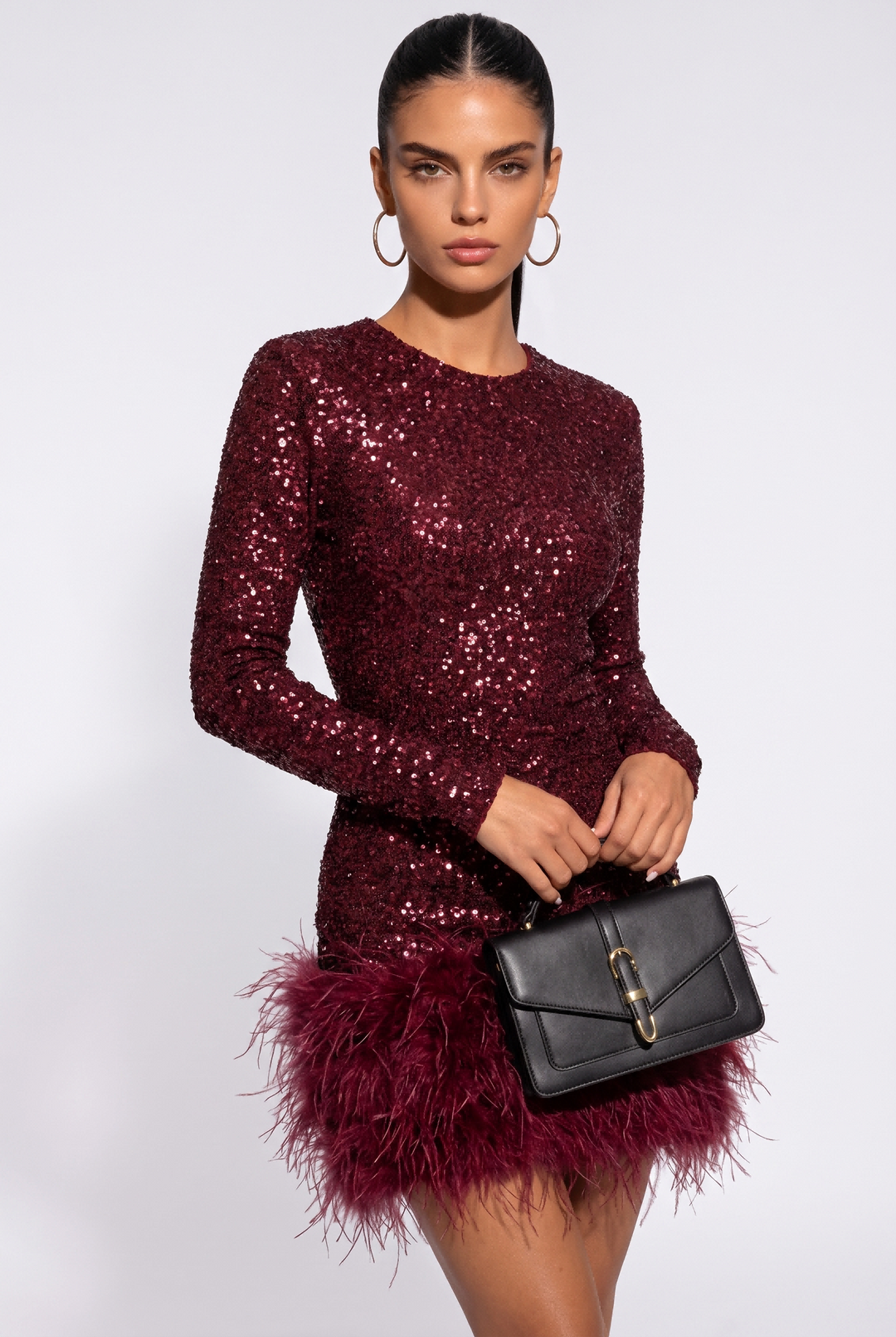 SOLACESequin Feather Trim Long Sleeve Bodycon Mini Dress