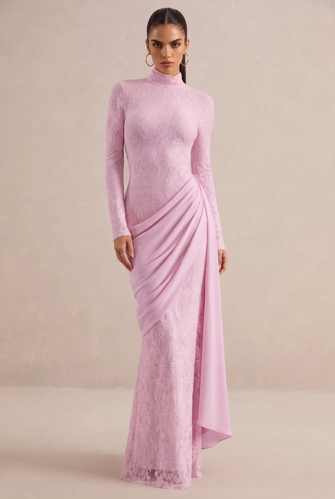 High Neck Lace Mermaid Maxi Dress With Draped Sash