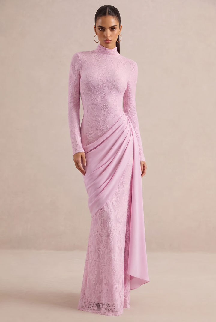 High Neck Lace Mermaid Maxi Dress With Draped Sash