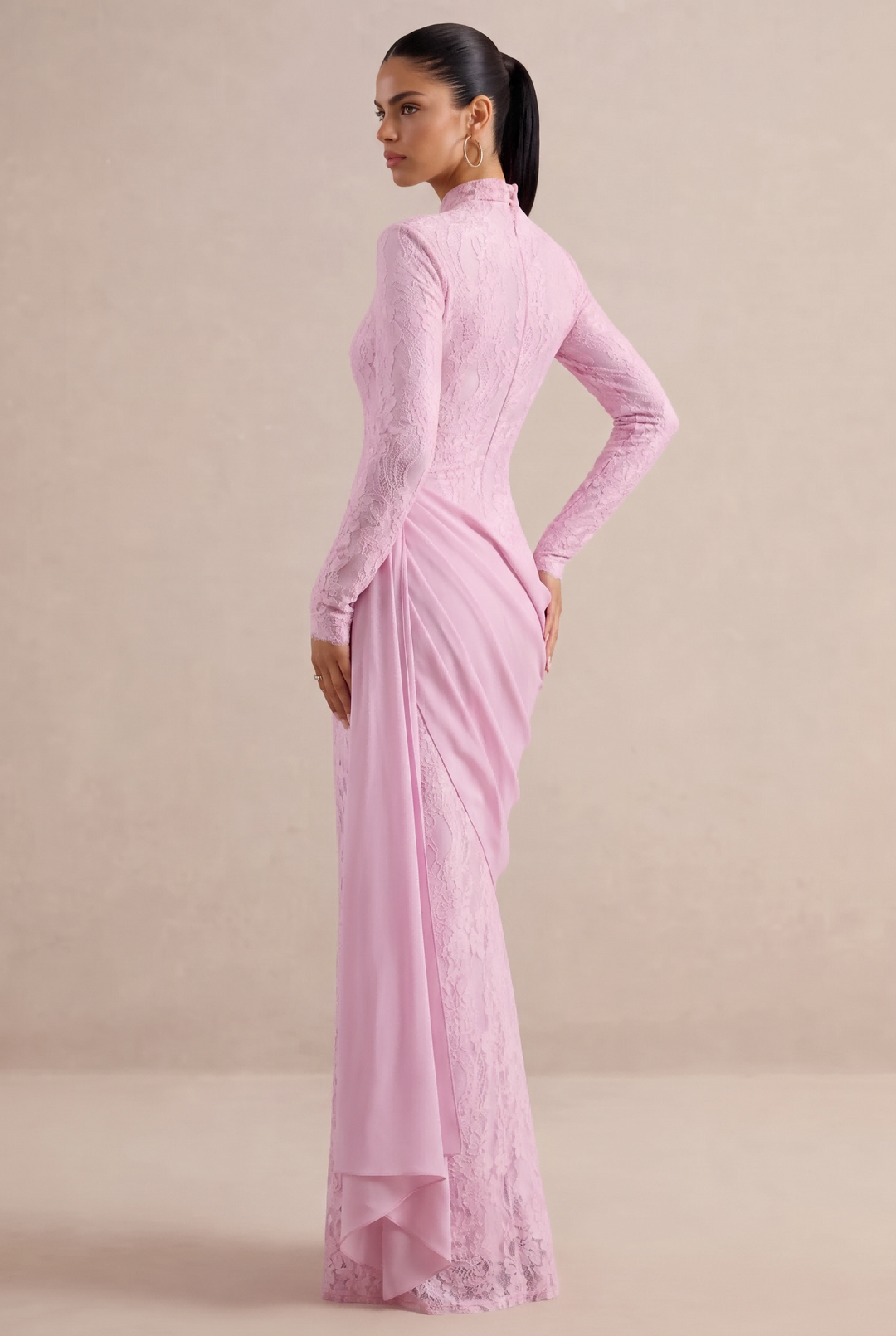 High Neck Lace Mermaid Maxi Dress With Draped Sash