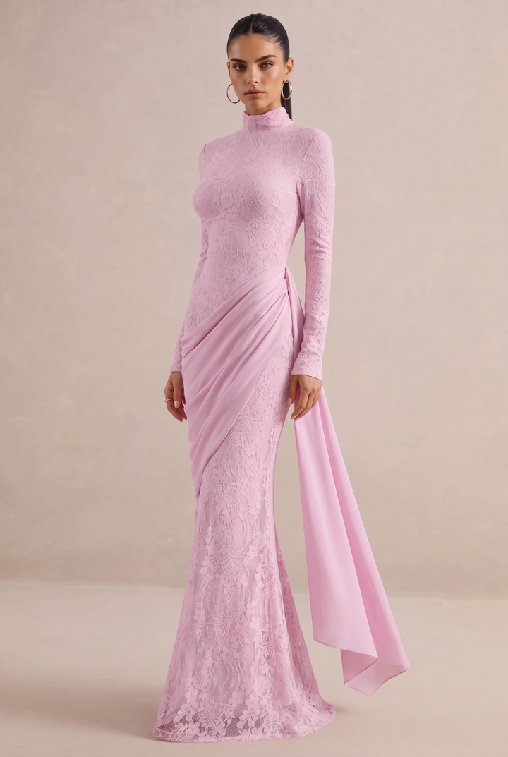 High Neck Lace Mermaid Maxi Dress With Draped Sash