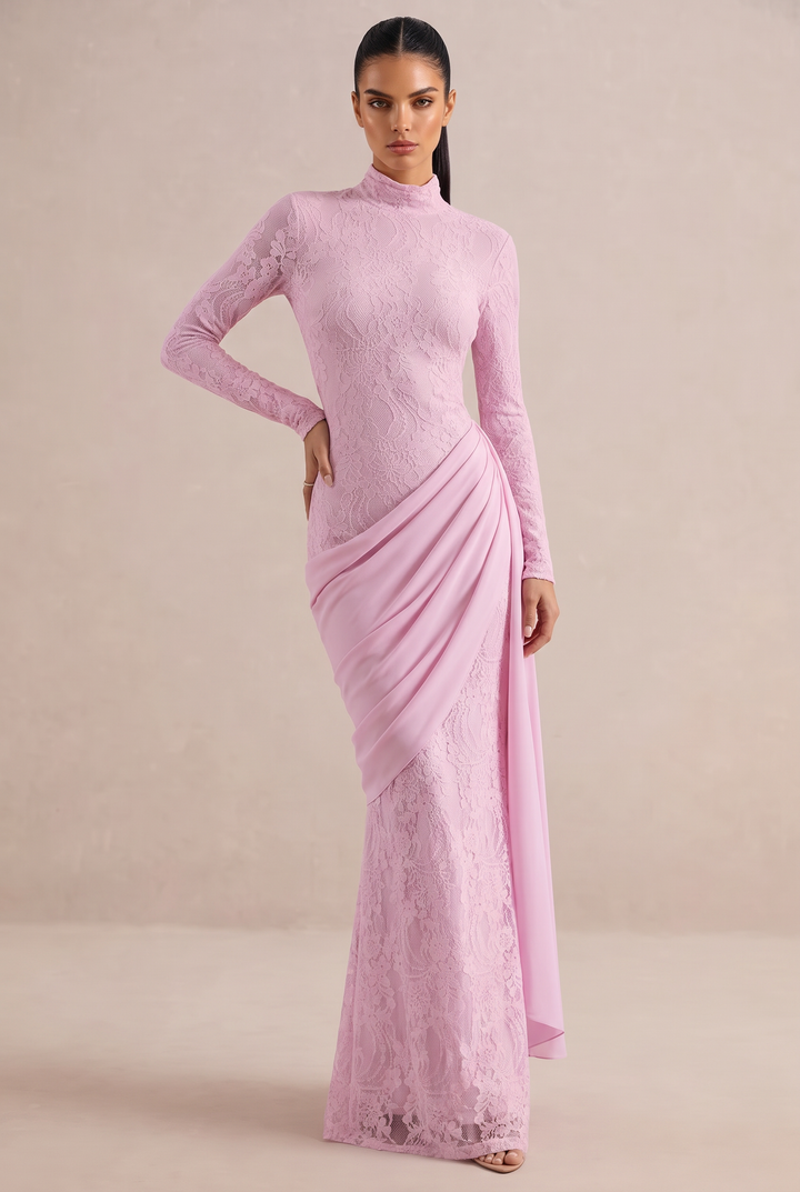 High Neck Lace Mermaid Maxi Dress With Draped Sash